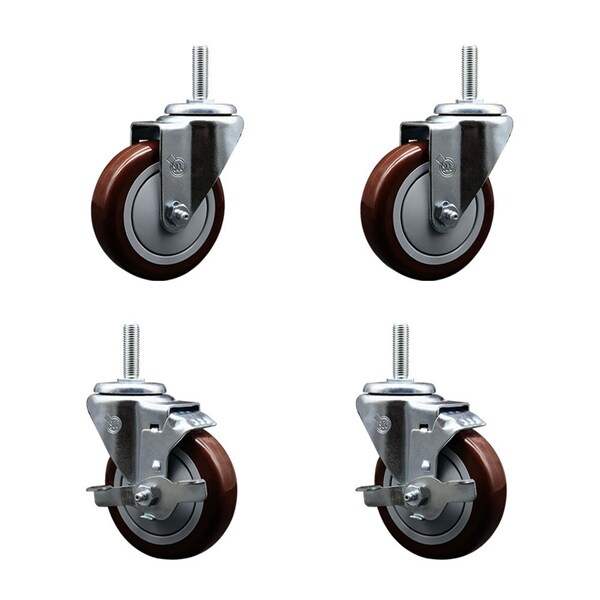 Service Caster 4 Inch Maroon Polyurethane Wheel Swivel 58 Inch Threaded Stem Caster Set 2 Brakes SCC SCC-TS20S414-PPUB-MRN-58212-2-TLB-2 - main